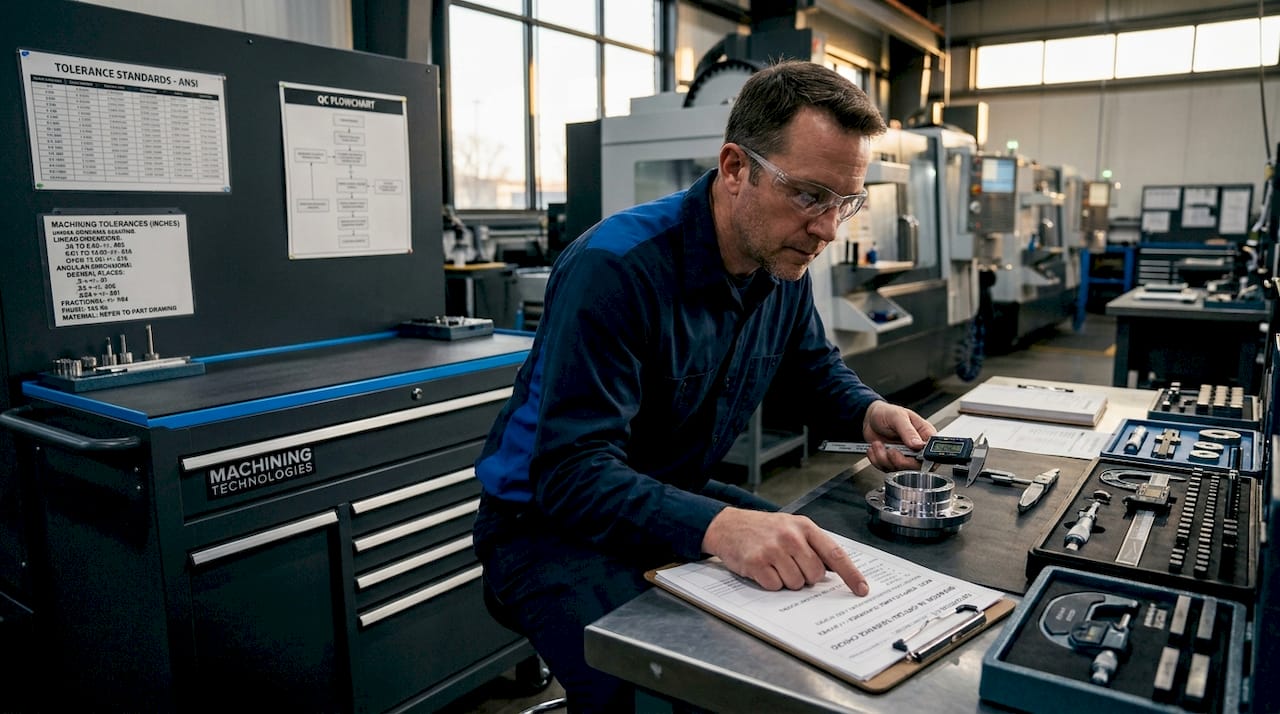 Machinist Reviewing Standard Procedures At Workstation Machinist reviewing standard procedures at workstation