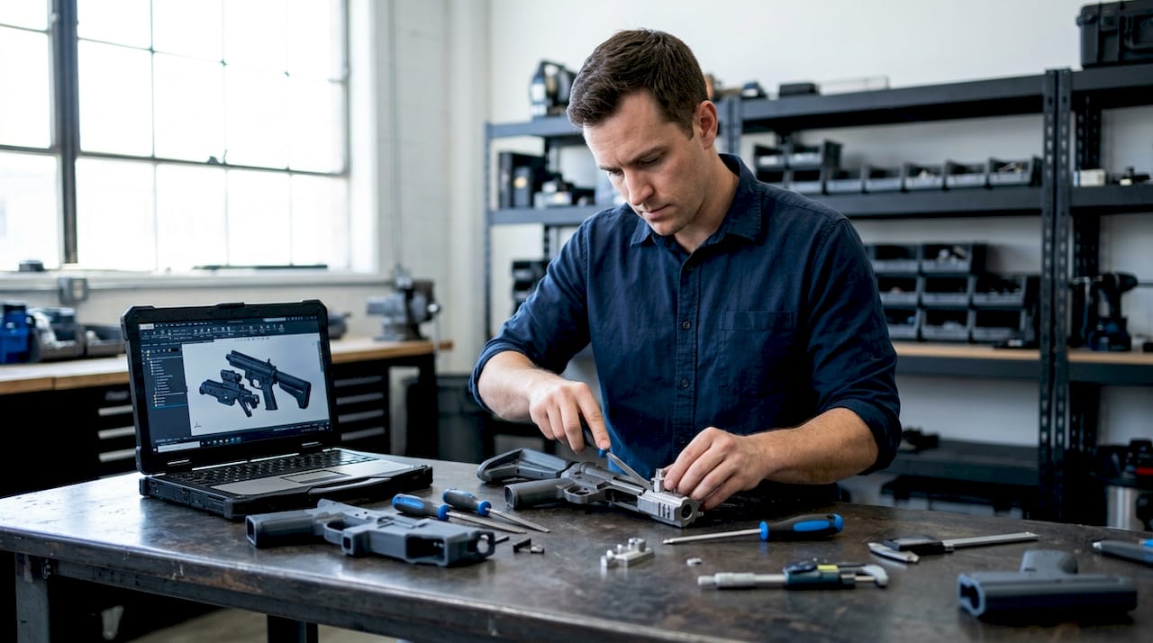 Engineer inspecting firearm prototype parts at workbench
