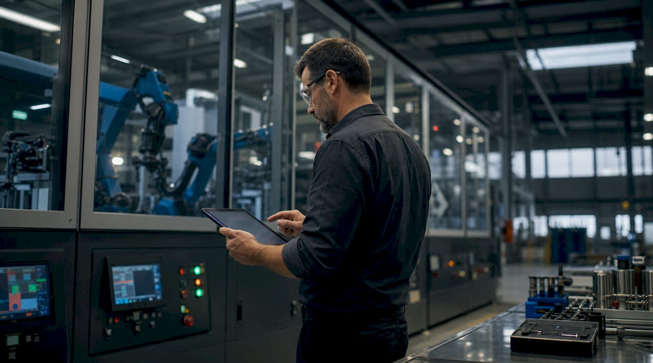 Engineer monitoring automated manufacturing control systems