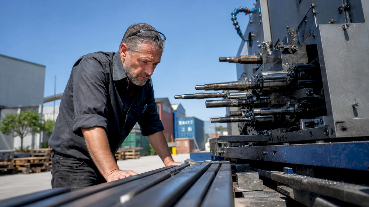 Engineer inspecting multi-spindle CNC machine