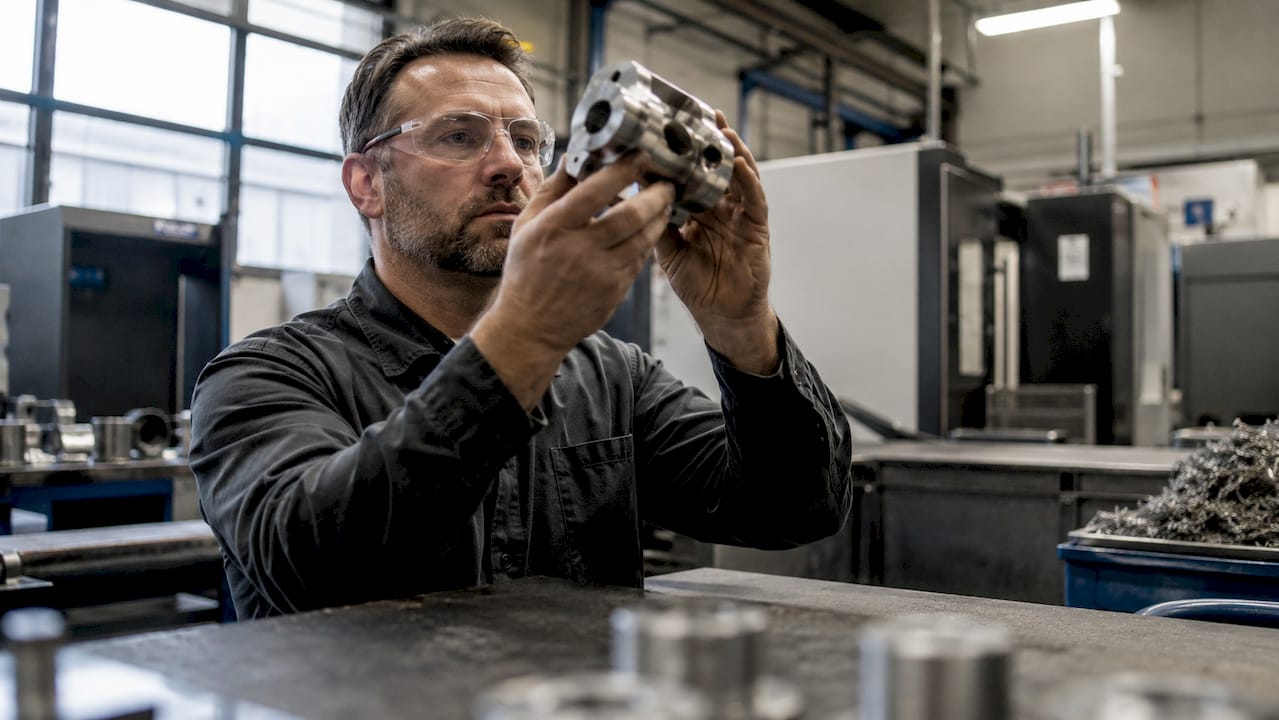 Engineer inspecting machined metal component in workshop