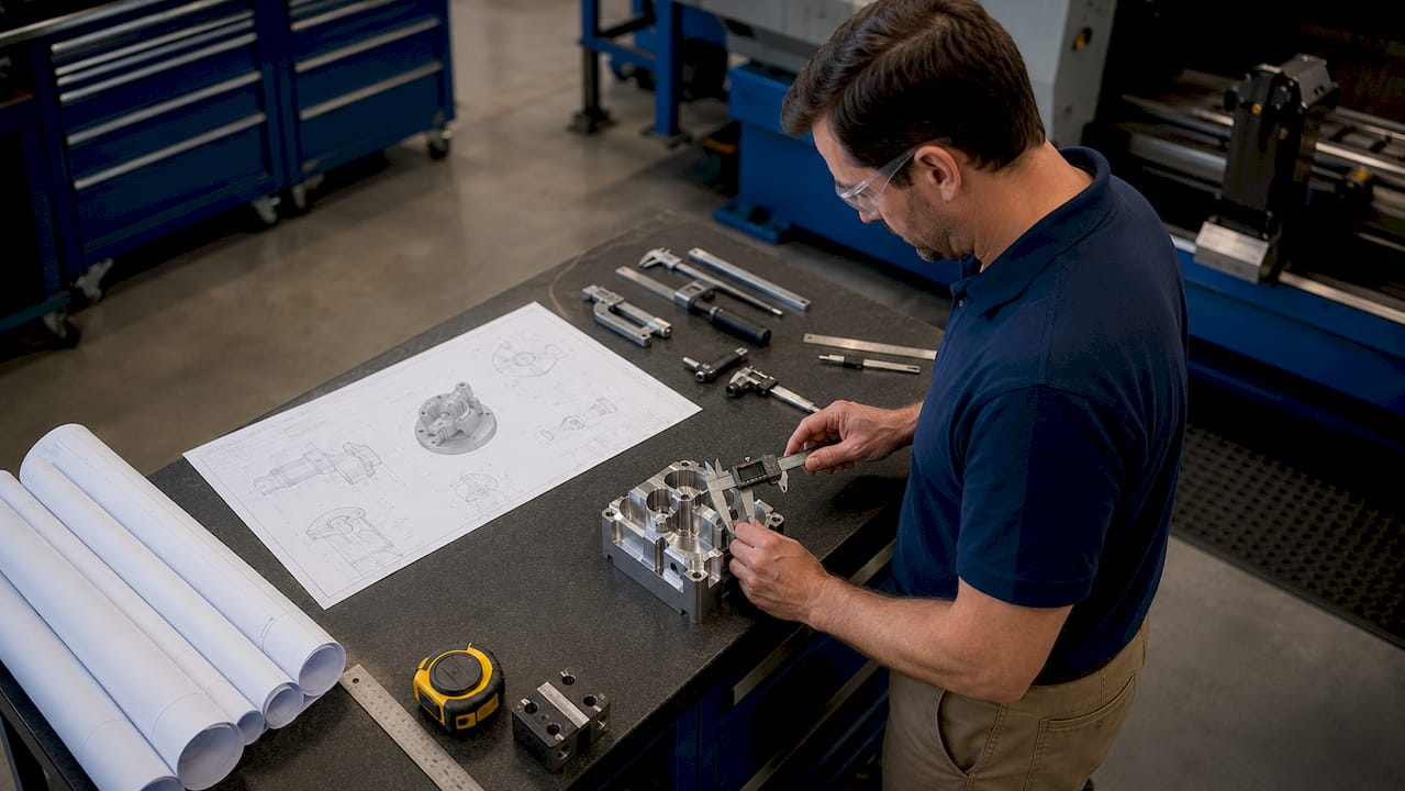 Engineer reviewing machining design with caliper