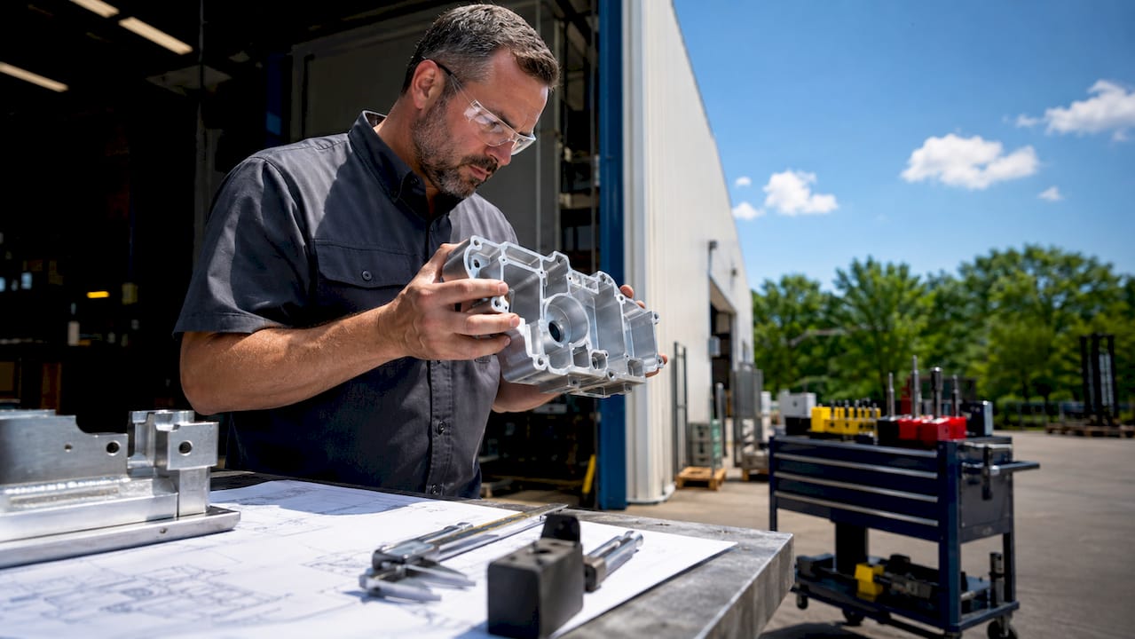 Engineer inspecting machined part geometry