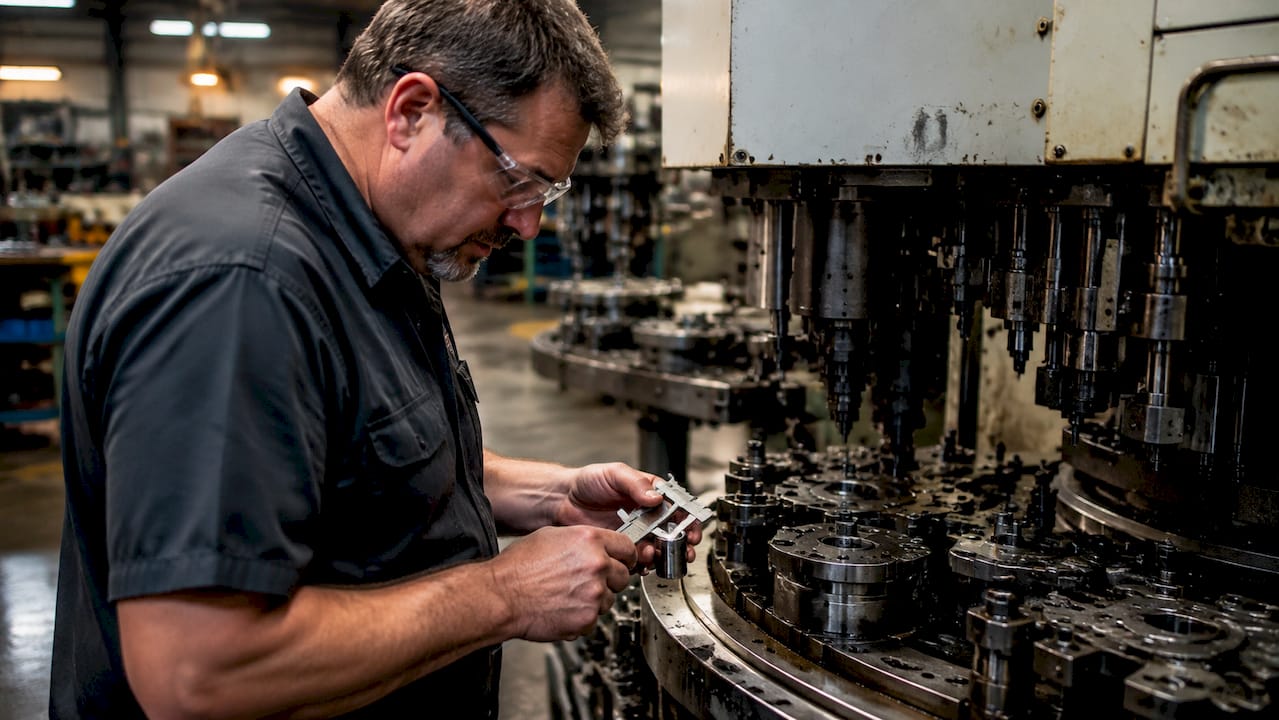 Machinist Measuring Metal Part At Hydromat Machine Machinist measuring metal part at Hydromat machine