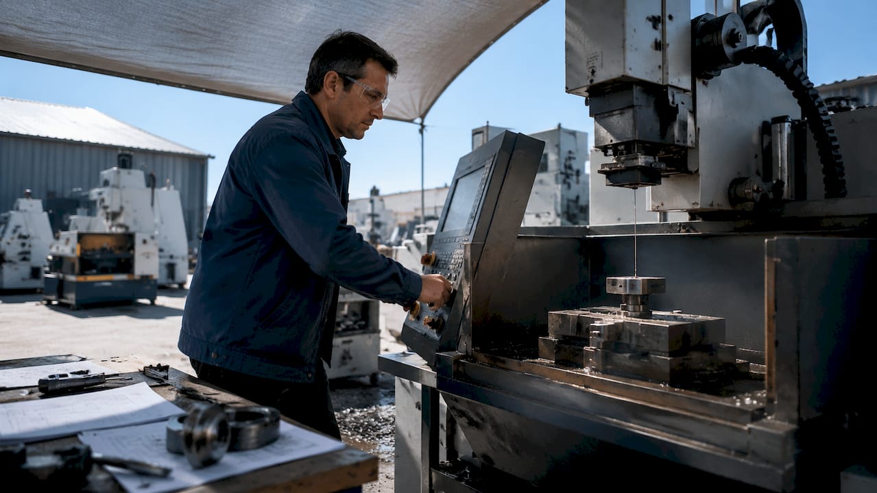Engineer operating wire EDM machine in workshop