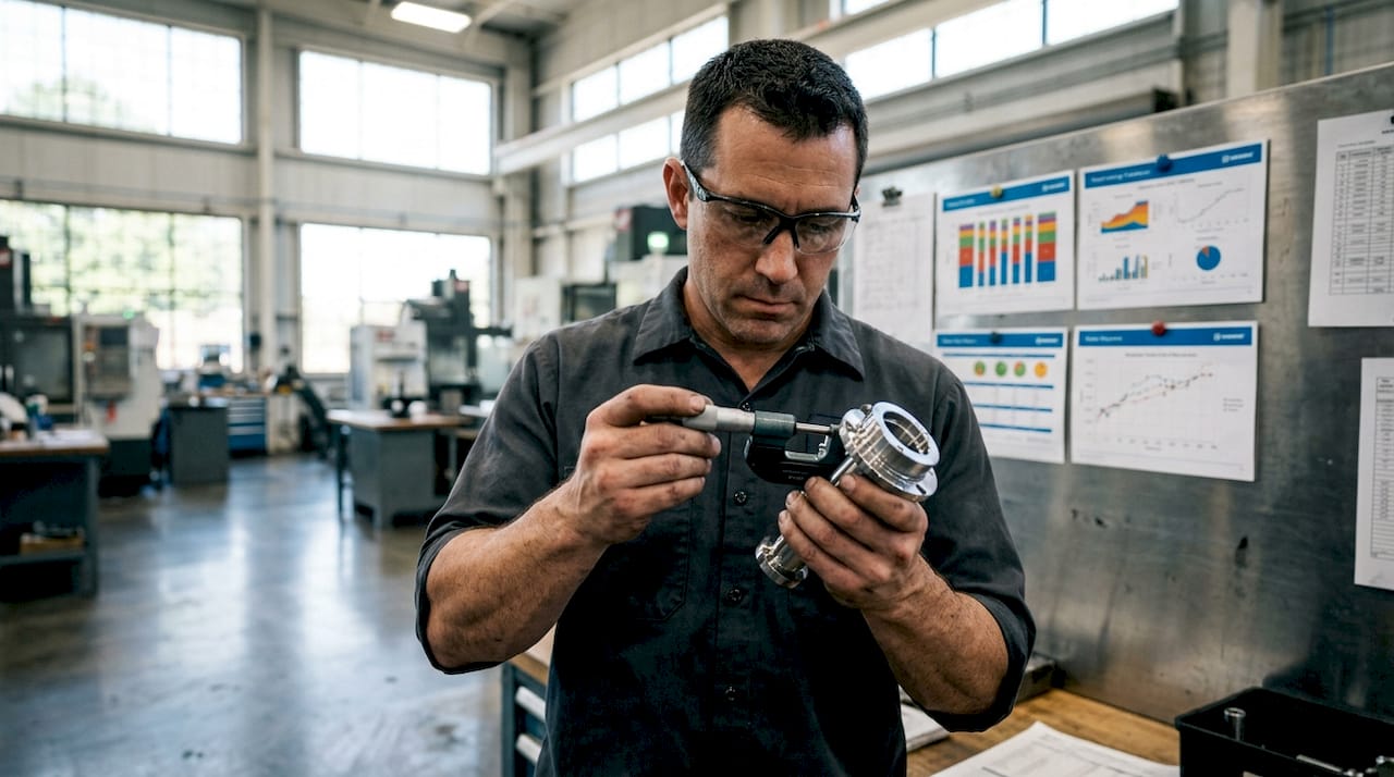 Machining Engineer Inspecting Metal Part Near CNC Machine Machining engineer inspecting metal part near CNC machine