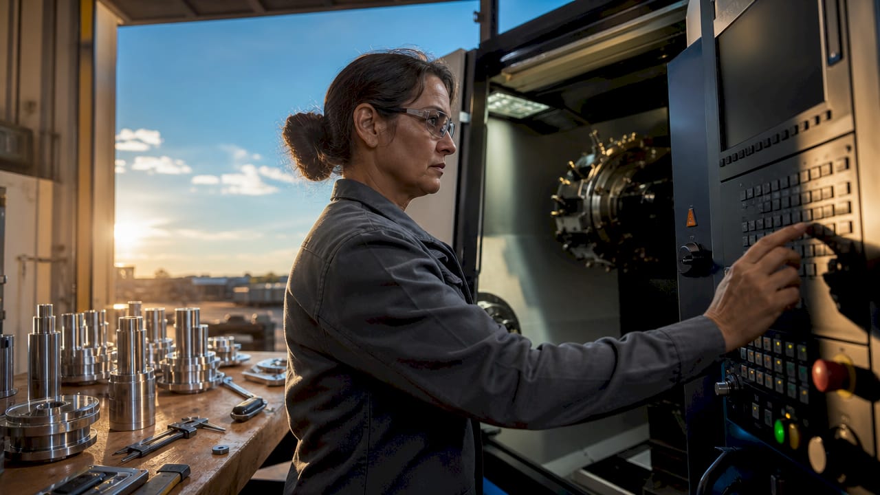 Machinist operating multi-axis CNC machine