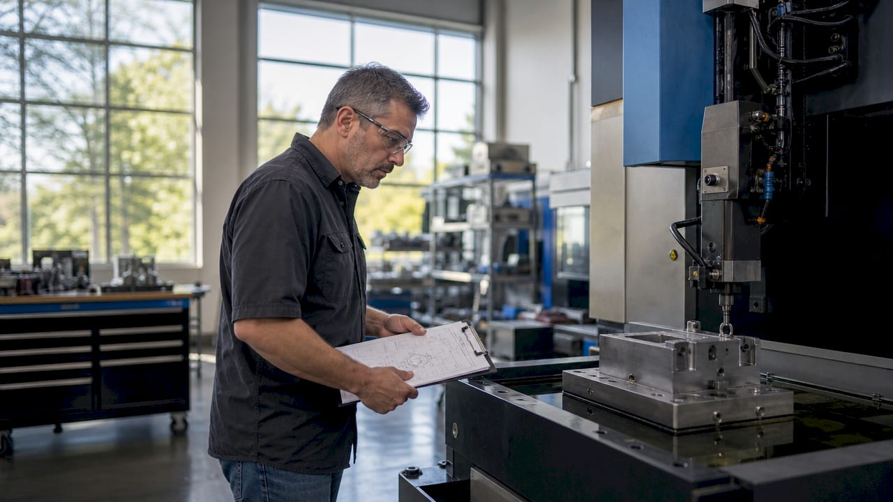 Engineer inspecting wire EDM machine in workshop