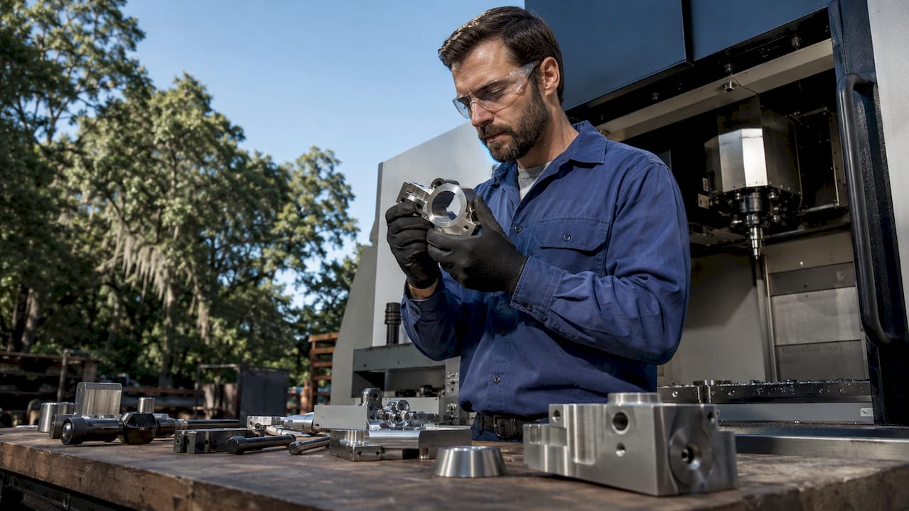 Engineer inspecting a fabricated metal component
