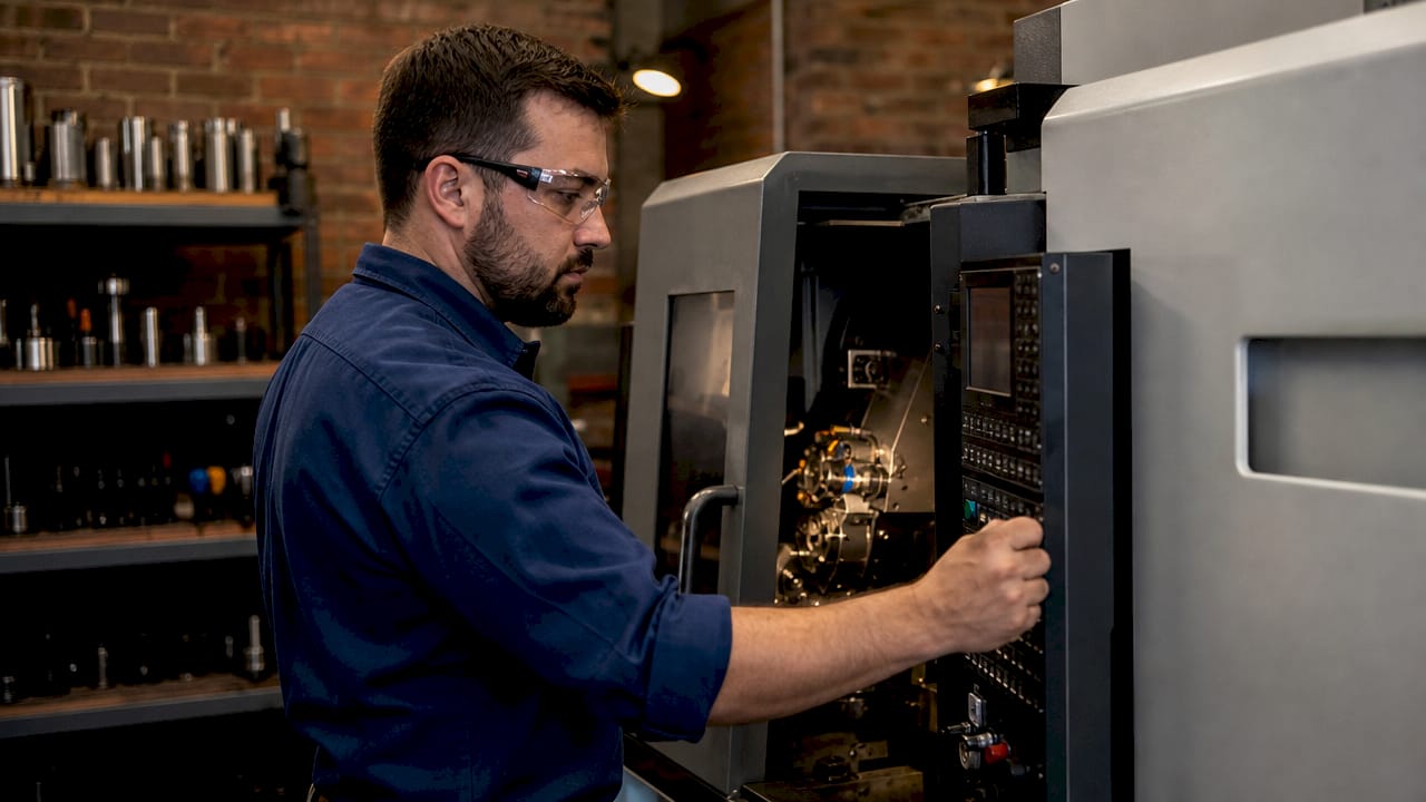 Machinist operating Swiss-type CNC lathe in workshop