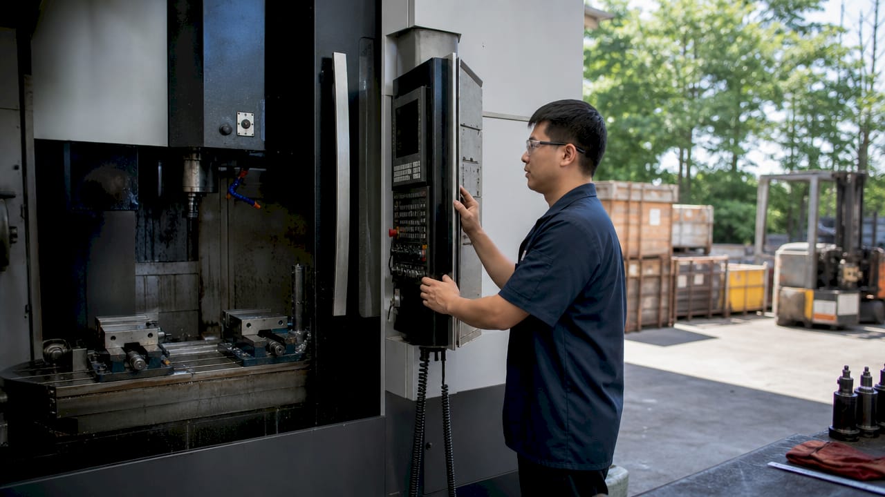 Machinist warming up CNC milling machine