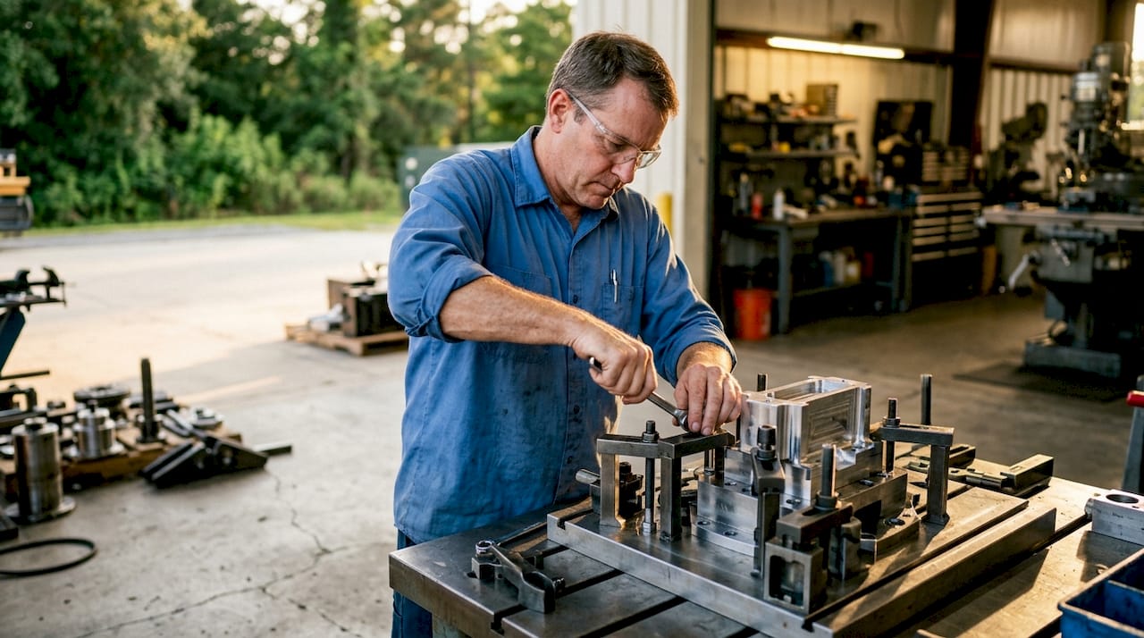 Engineer adjusting fixturing on CNC machine