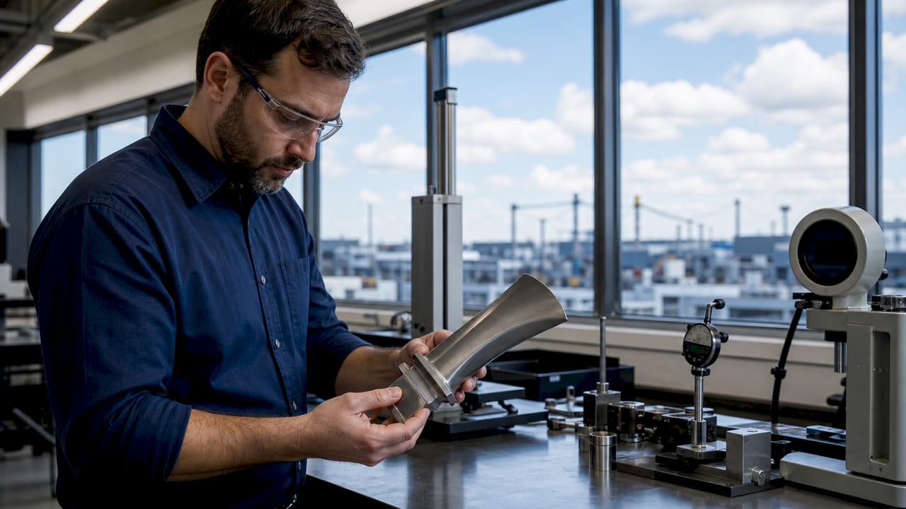 Engineer Inspecting Aerospace Turbine Blade Engineer inspecting aerospace turbine blade