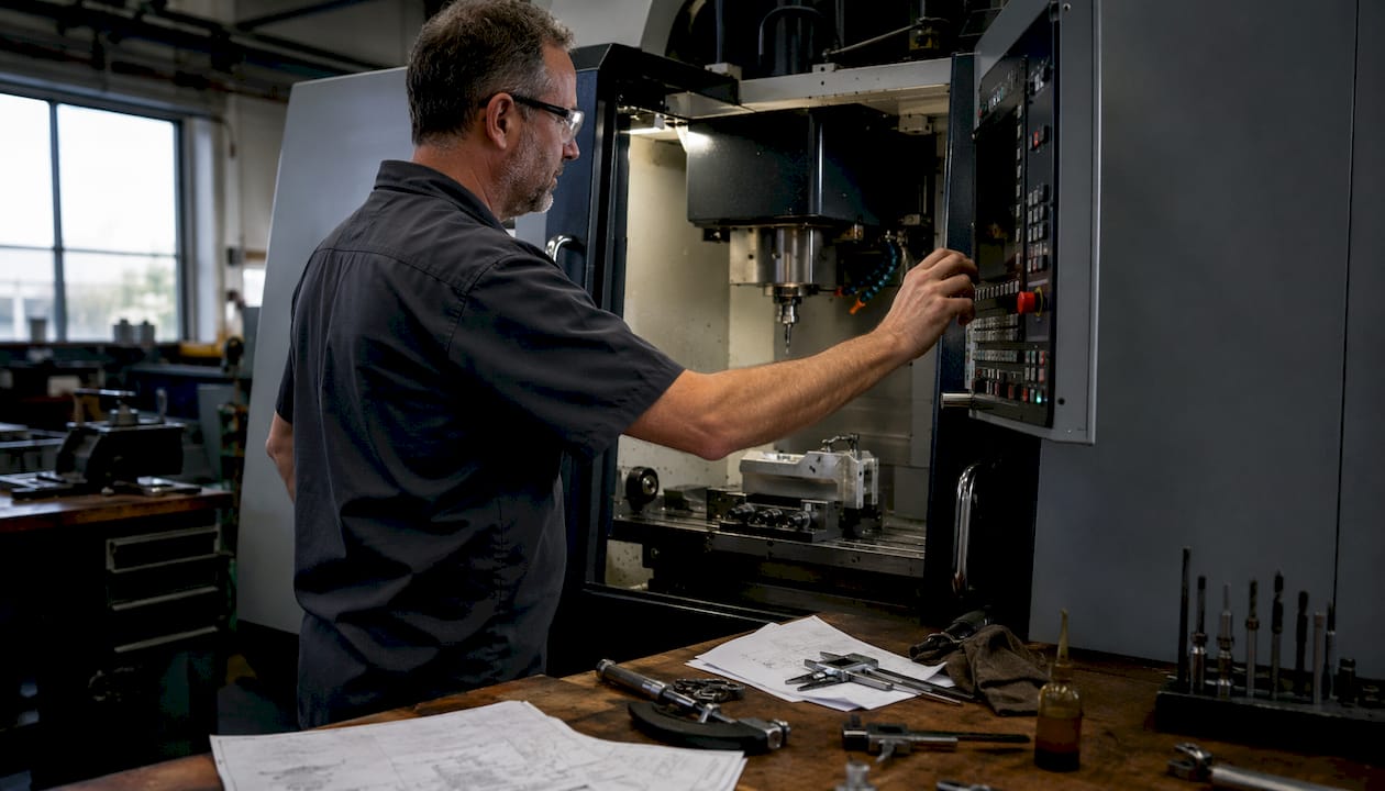 Machinist Operating CNC Milling Machine For Firearm Part Machinist operating CNC milling machine for firearm part