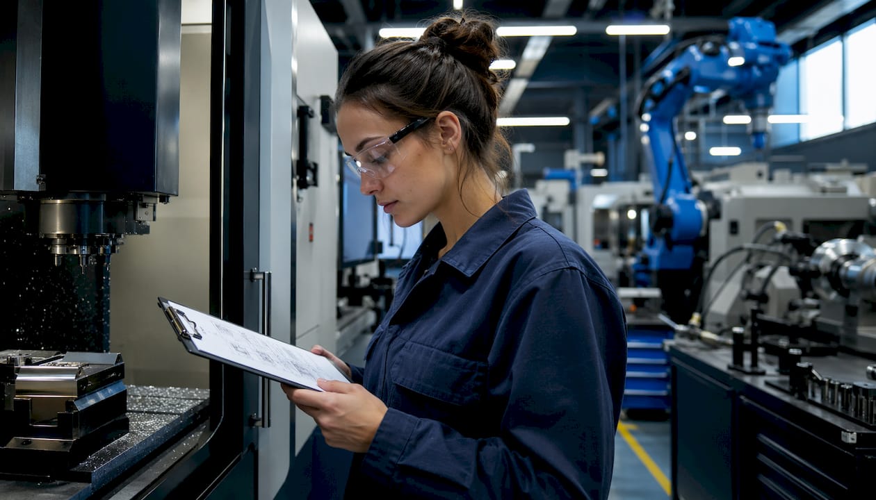 Firearm machining shop with CNC equipment and technician