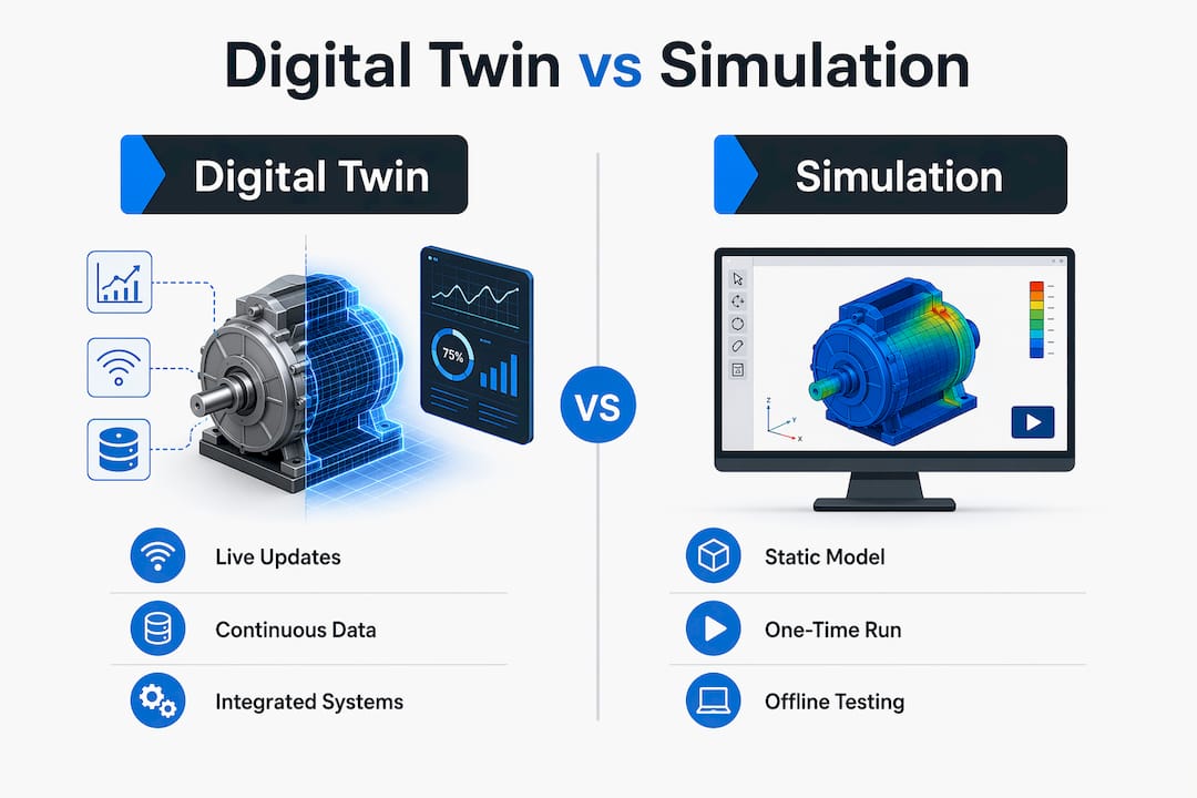 Infographic comparing digital twin and simulation key features