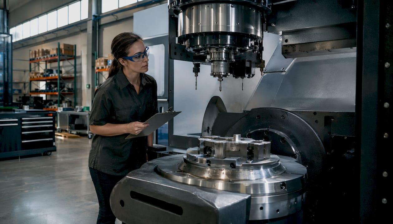 Engineer inspecting multi-axis CNC machine