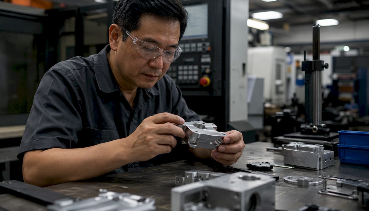 Engineer inspecting metal prototype at machining bench