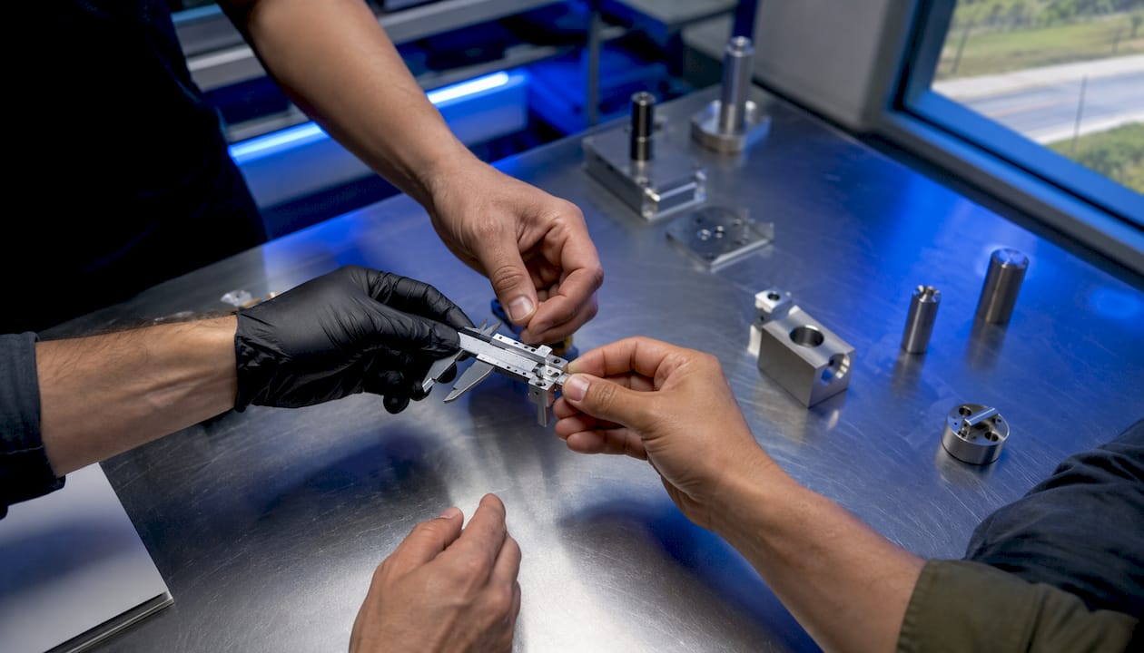 Hands inspecting precision EDM machined parts