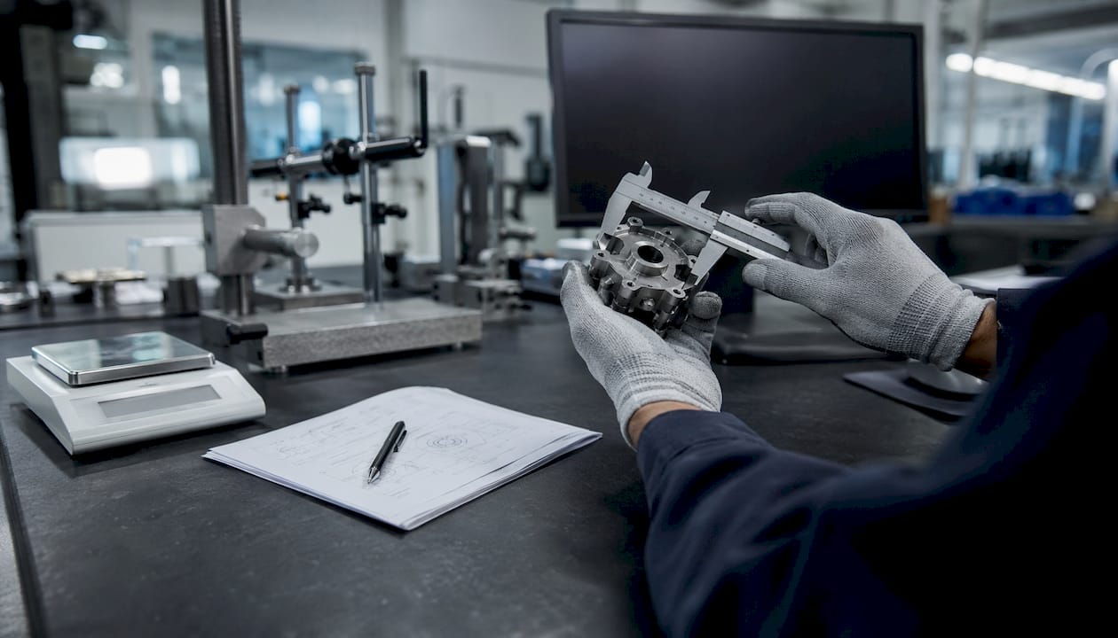 Hands measuring complex machined part
