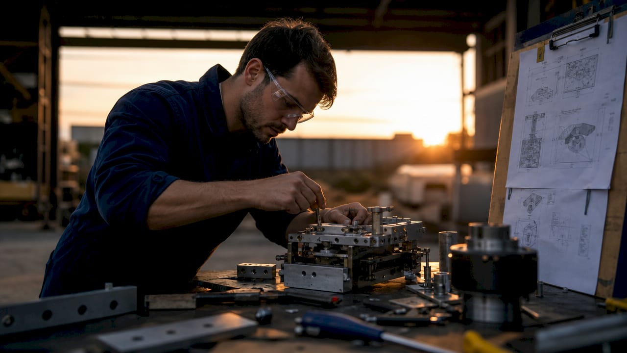 Engineer Assembling Mechanical Prototype At Workbench Engineer assembling mechanical prototype at workbench