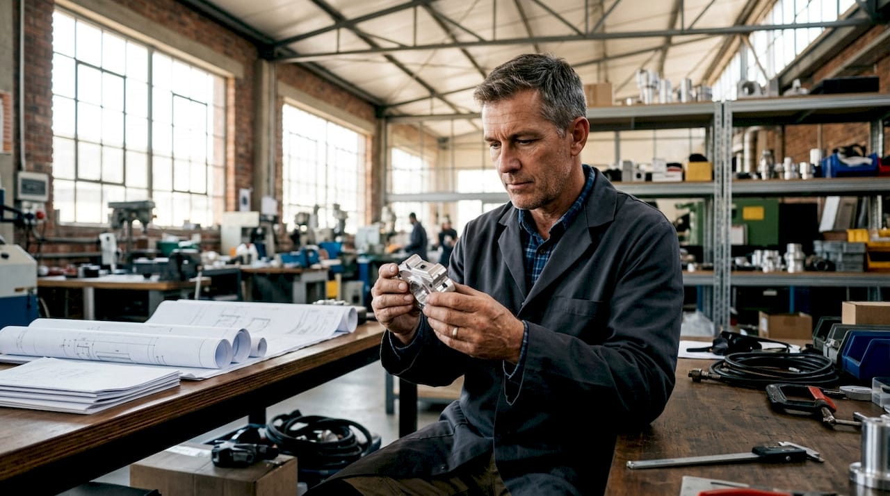 Engineer Inspecting Prototype In Industrial Lab Engineer inspecting prototype in industrial lab