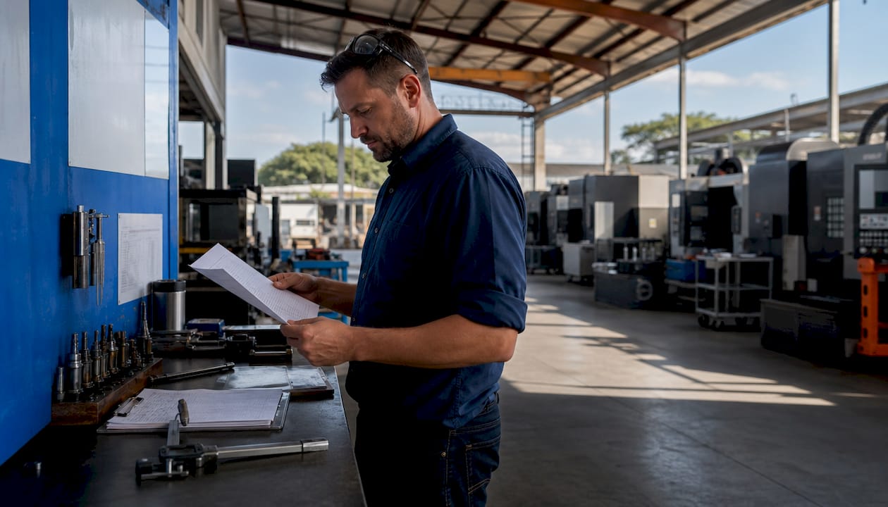 Production Manager Reviewing Machining Schedules Production manager reviewing machining schedules