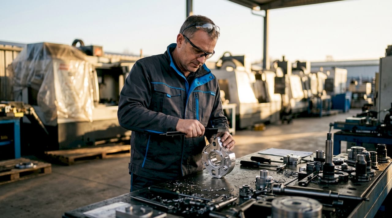 Technician measuring CNC machined metal part in factory