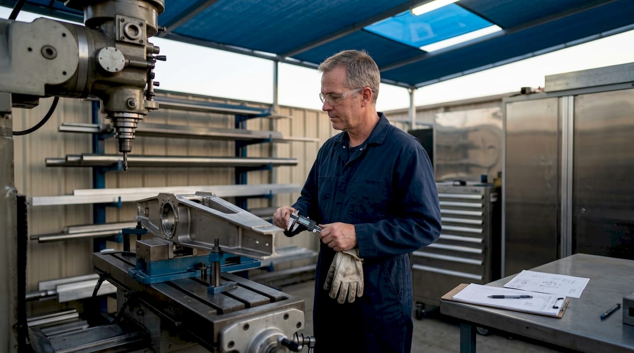 Aerospace machinist inspecting titanium part in workshop