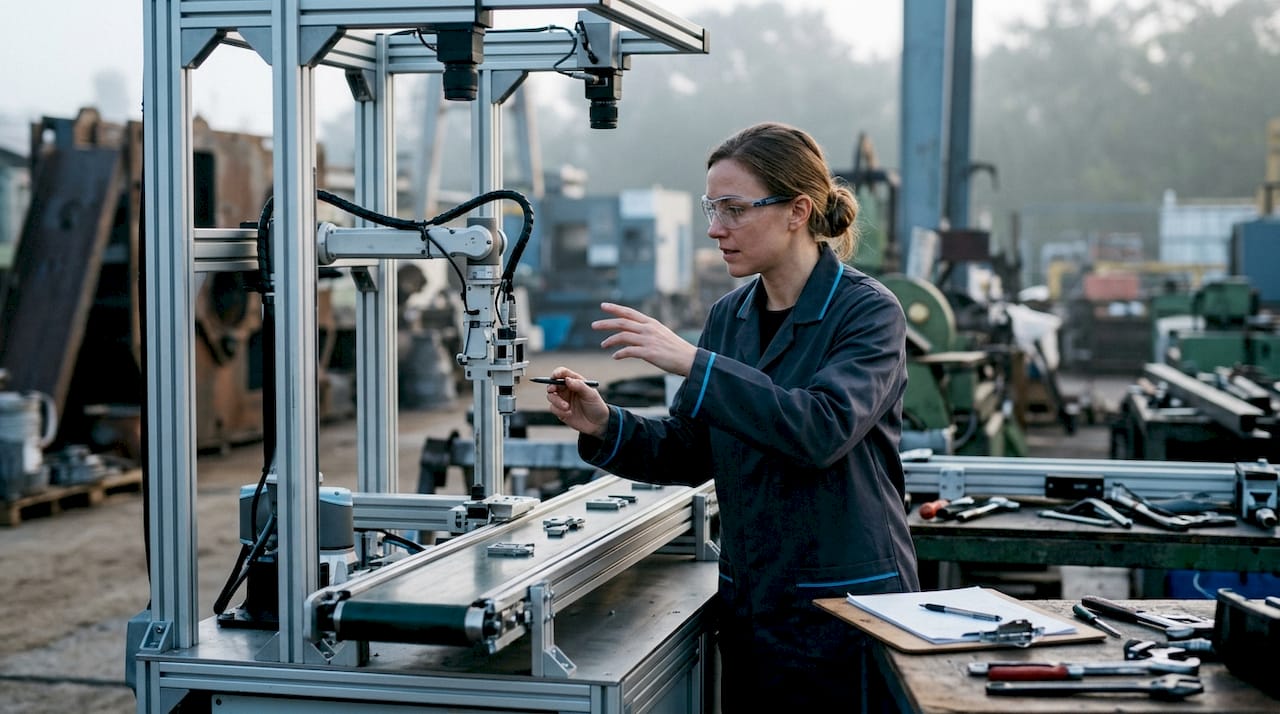 Engineer Inspecting Automated Component Inspection Station Engineer inspecting automated component inspection station