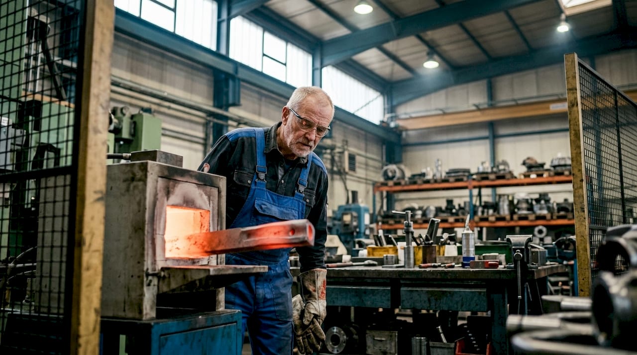 Metallurgist inspecting heat-treated metal part
