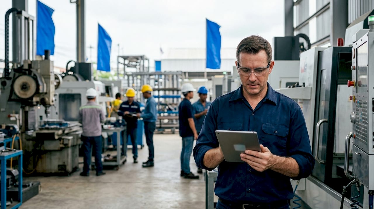 Manufacturing Manager Reviewing Production Data On Factory Floor Manufacturing manager reviewing production data on factory floor