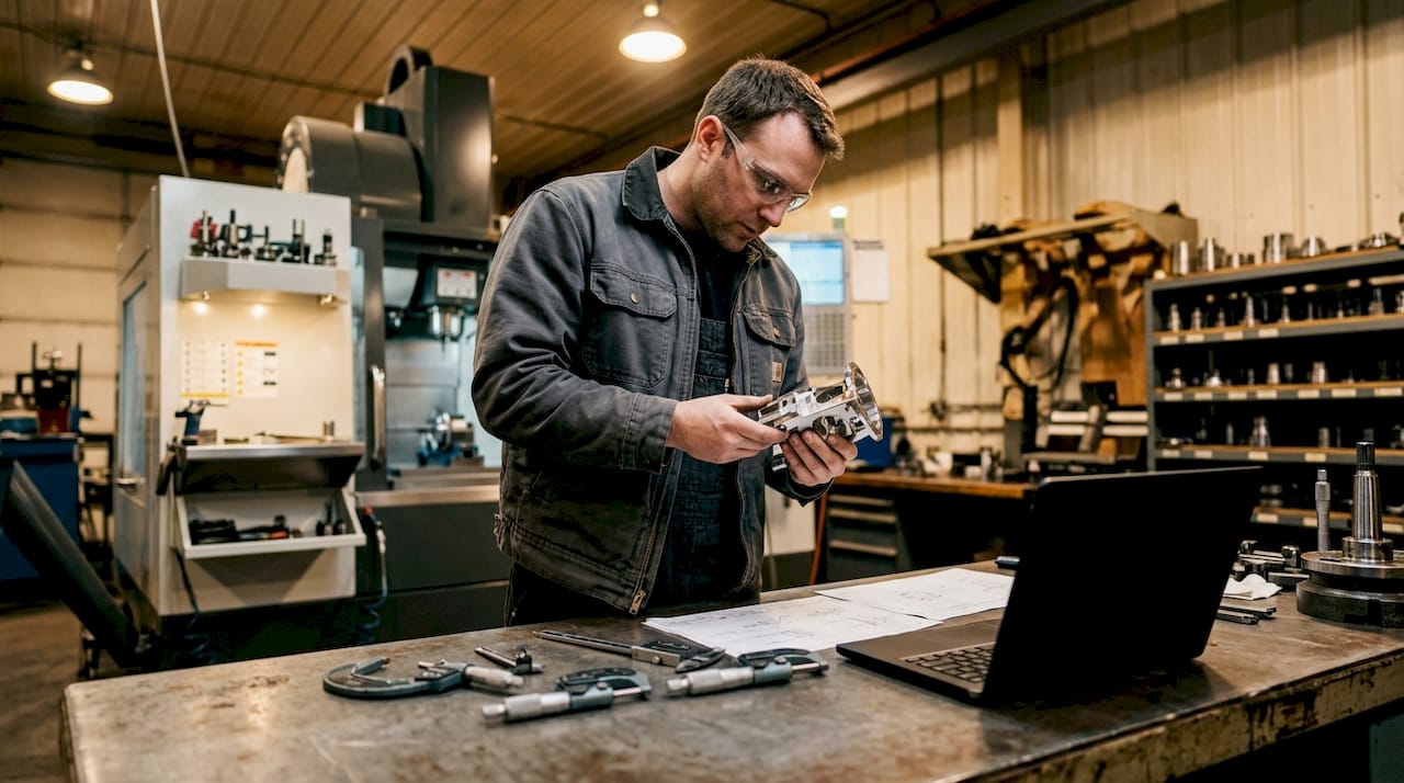 Engineer inspecting complex machined part on shop floor