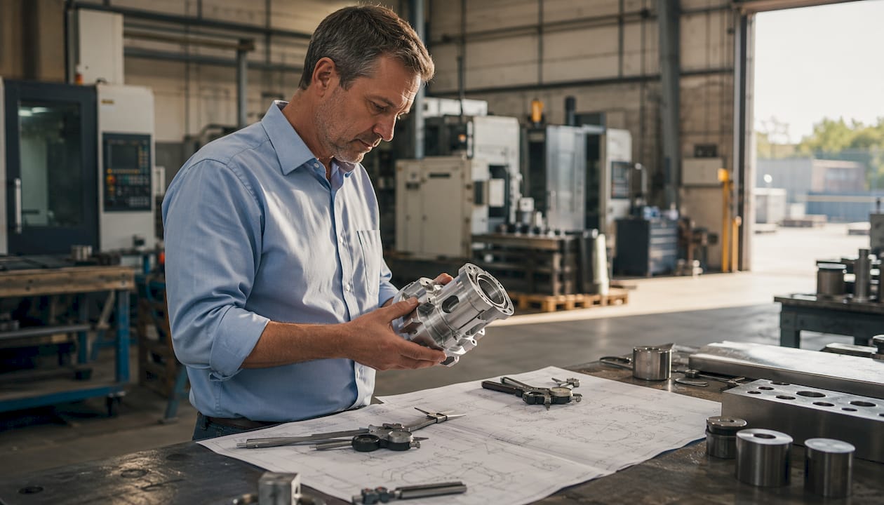 Engineer Inspecting Custom Metal Part In Workshop Engineer inspecting custom metal part in workshop