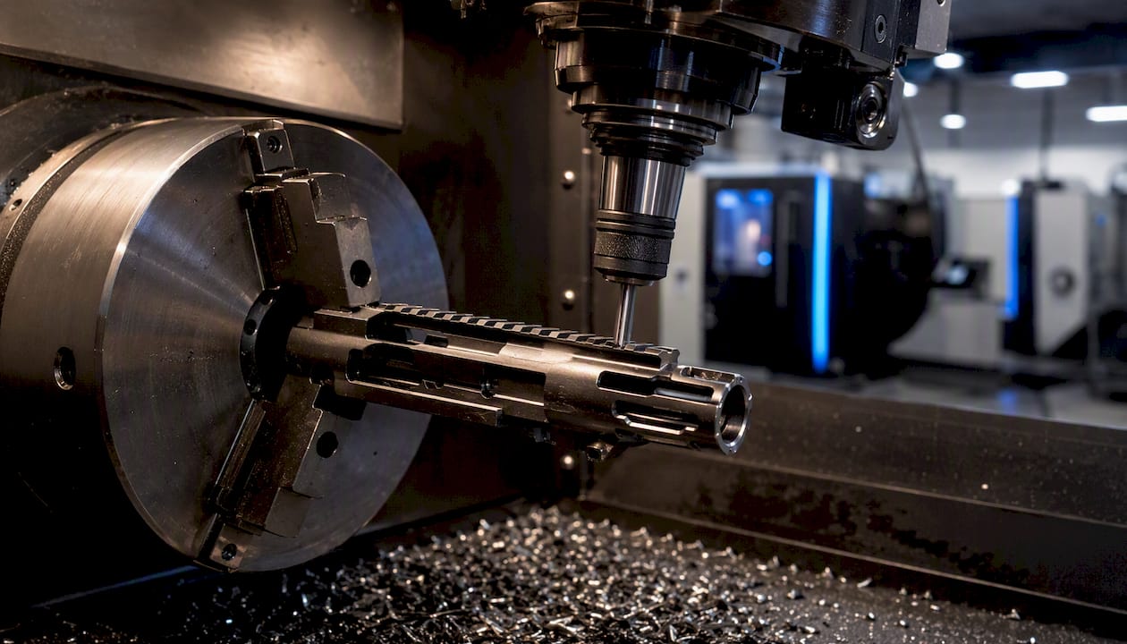 CNC machining close-up on firearm metal part