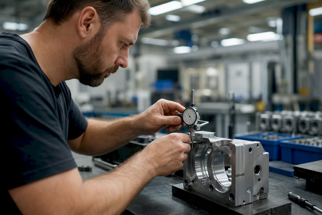 Technician Measuring CNC Machined Metal Part Technician measuring CNC-machined metal part