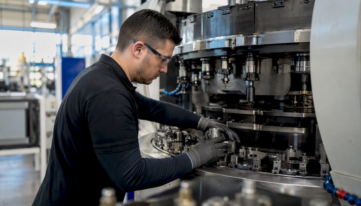 Technician Loading Fitting In Rotary Transfer Machine Technician loading fitting in rotary transfer machine