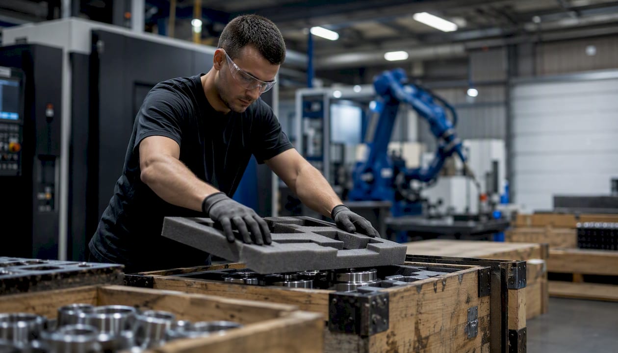 Technician packing precision-machined parts