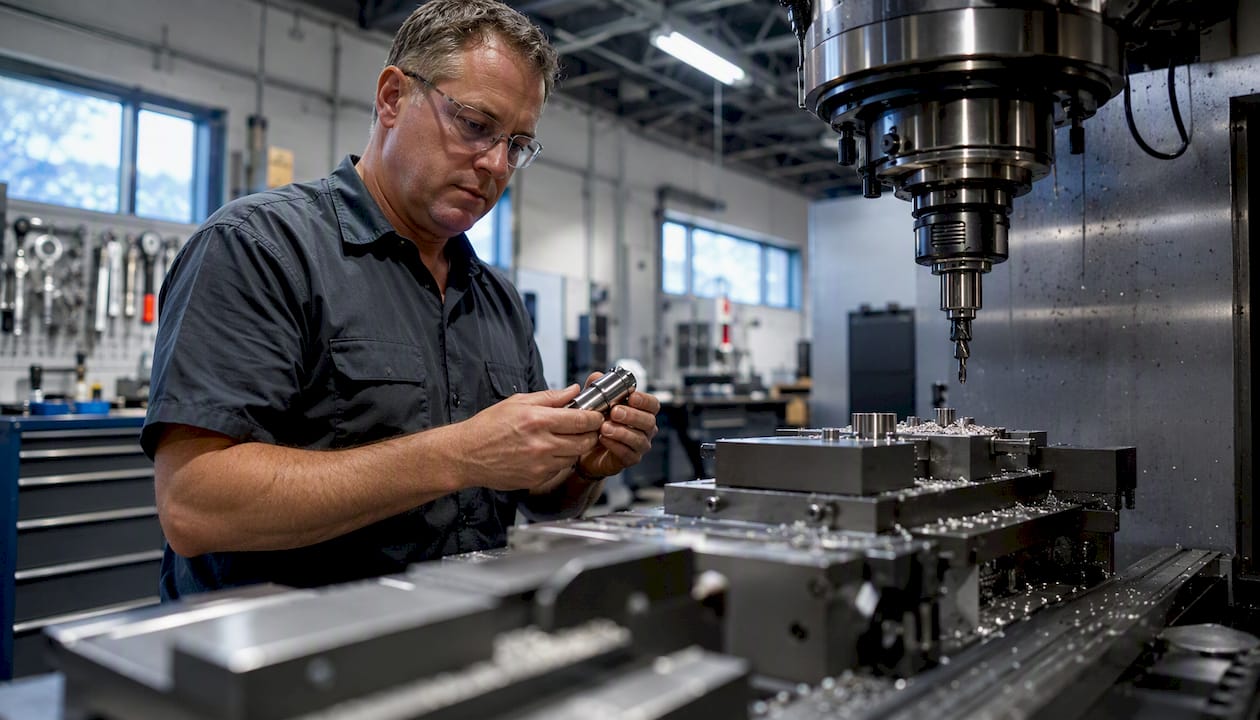 Machinist Inspecting Ignition Component At CNC Station Machinist inspecting ignition component at CNC station