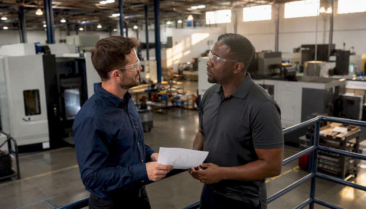 Professionals discussing in machine shop floor