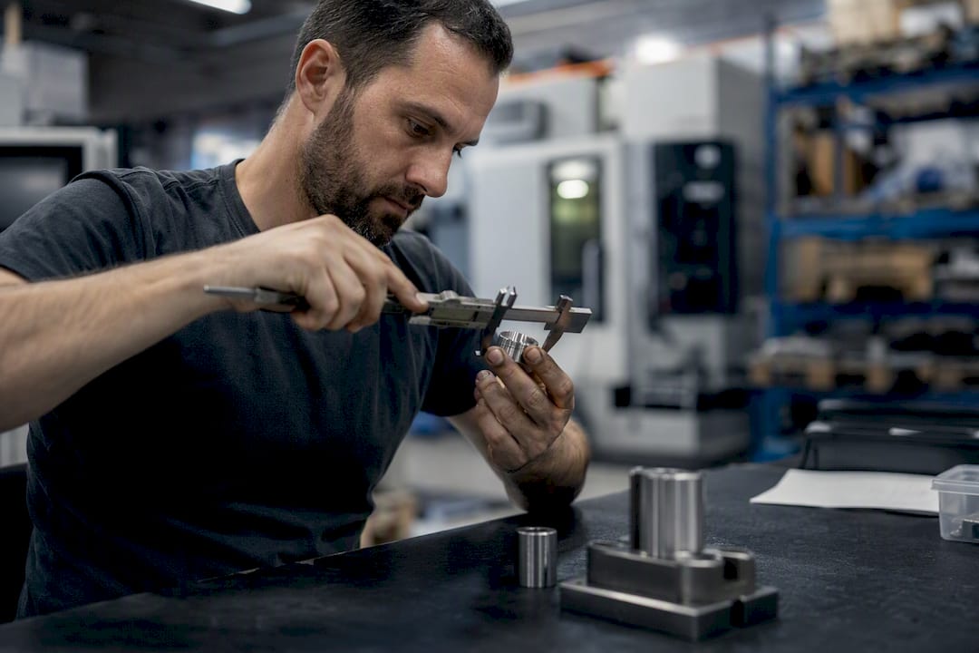 Technician measuring machined metal part