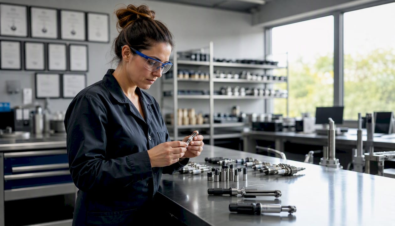 QC engineer inspecting spark plug shell parts