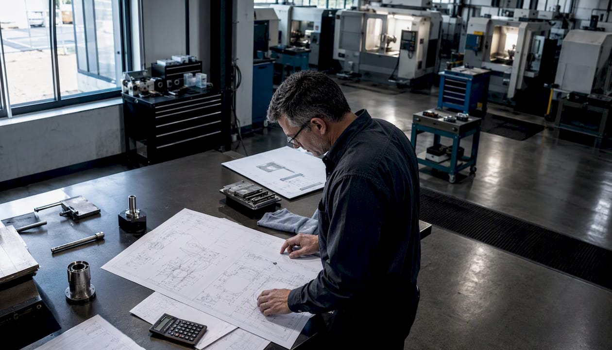 Engineer Reviewing Blueprints In Machining Office Engineer reviewing blueprints in machining office