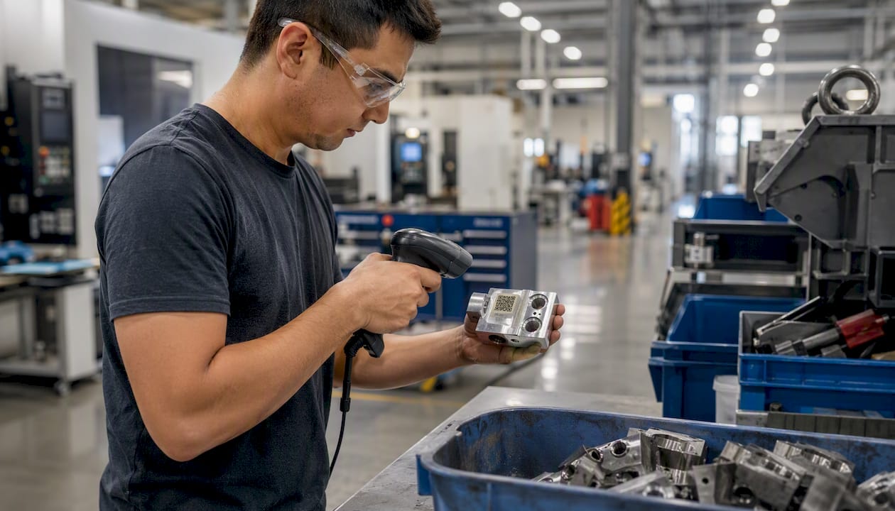 Technician Scanning Barcode On Precision Metal Part Technician scanning barcode on precision metal part