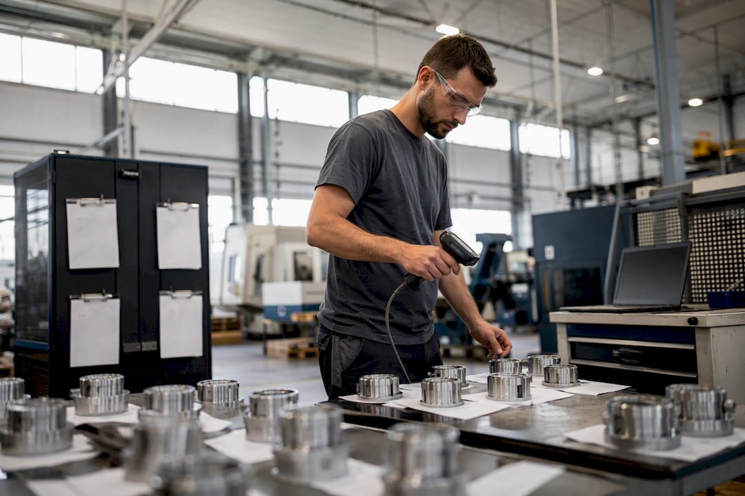 Technician scanning parts in compliance-ready manufacturing