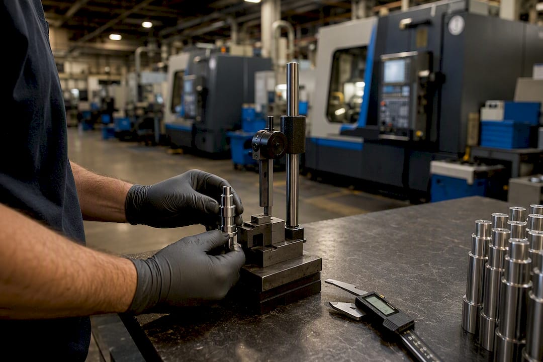 Hands Placing Part Into Precision Measurement Gauge Hands placing part into precision measurement gauge