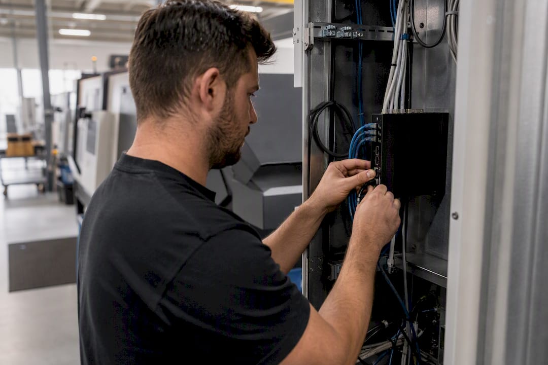 Technician installing network device in manufacturing floor