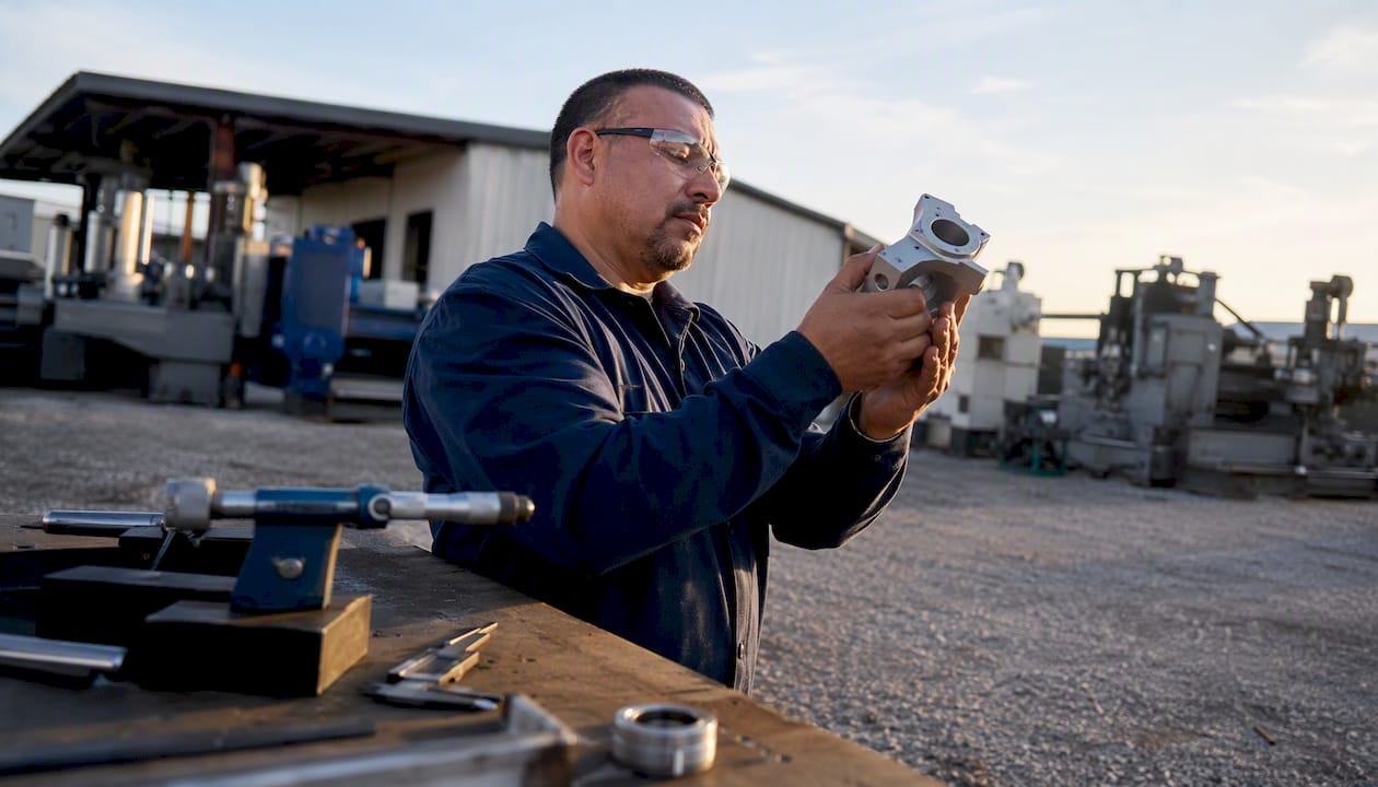 Worker Inspecting Precision Machined Metal Part Worker inspecting precision machined metal part