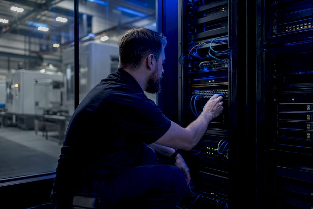 Technician Connecting Network Cable In Secure Server Room Technician connecting network cable in secure server room