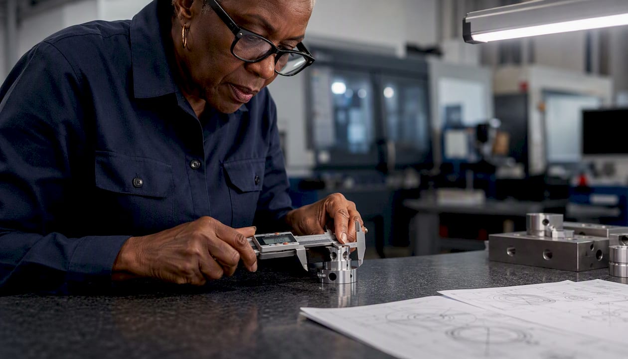 Engineer measuring small machined part with digital caliper